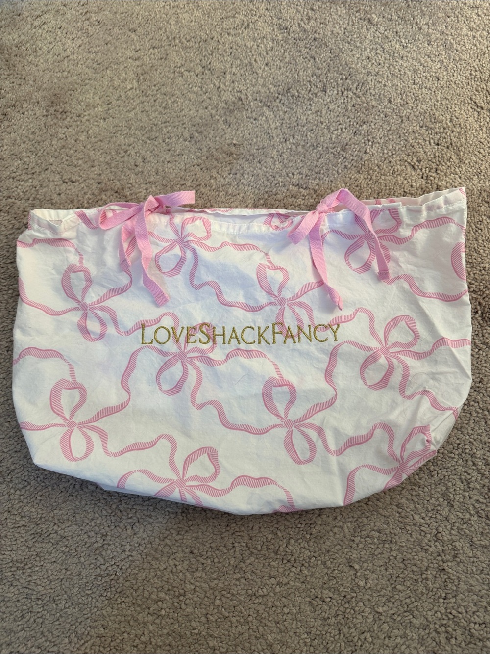 LoveShackFancy Pink Bow Dustbag Gold Logo